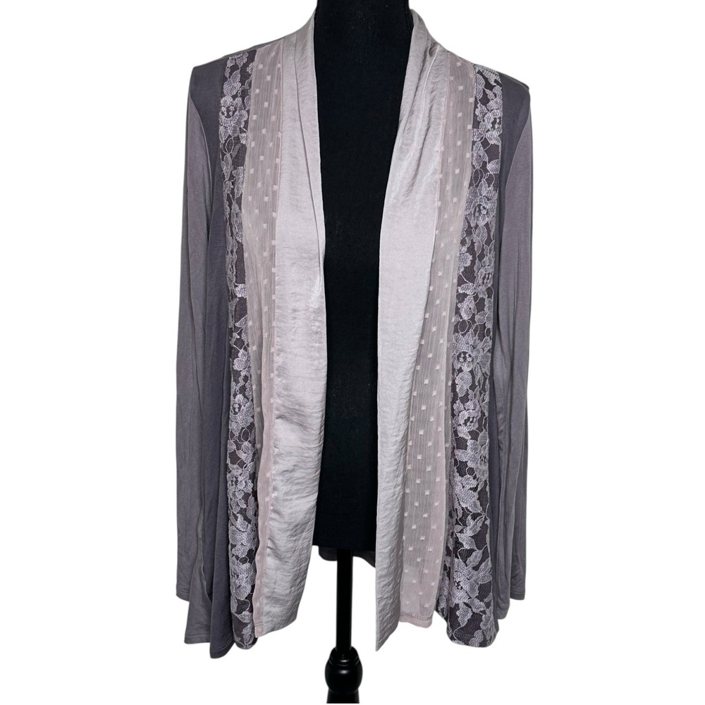 LOGO by Lori Goldstein Women's M Lavender Open Front Lace Panel Cardigan Artsy